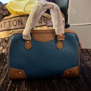 Leather blue and beige handbag with crossbody strap